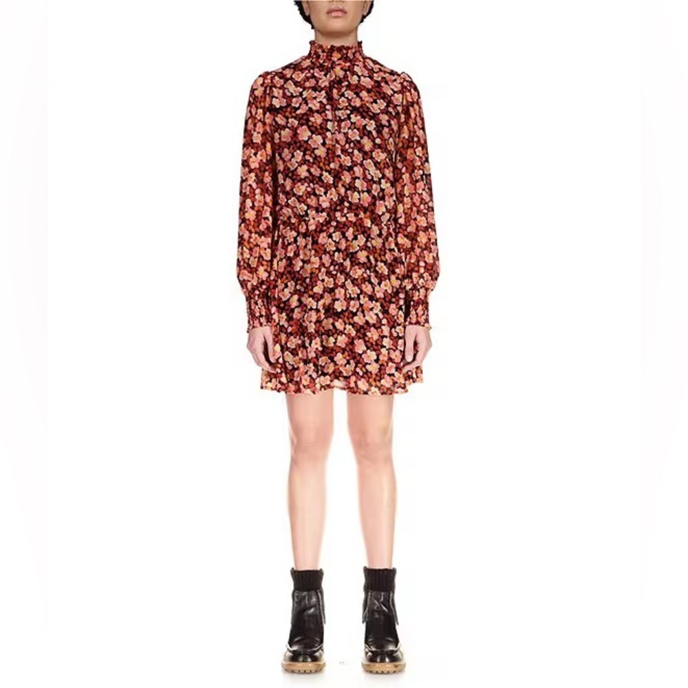 Floral Print Blouson Mock Neck Long Sleeve Mini Dress